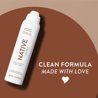 Upright Native deodorant with Coconut & Vanilla label and overlay promoting clean formula