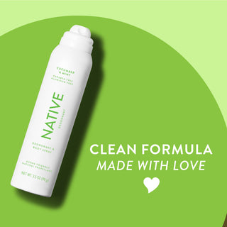 Native deodorant spray with Cucumber & Mint label and overlay promoting clean formula