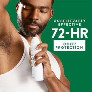 Person applying Native deodorant spray under arm with text reading 72-hour odor protection