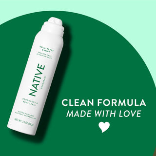 Native deodorant spray with Eucalyptus & Mint label and overlay promoting clean formula