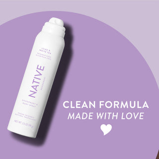 Native deodorant spray with Lilac & White Tea label and overlay promoting clean formula