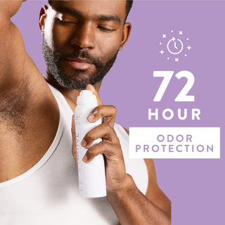 Person applying Native deodorant  spray under arm with text reading 72-hour odor protection
