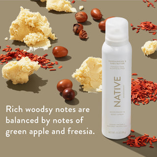 Native deodorant spay with text saying "Rich woodsy notes are balanced by notes of green apple and freesia", styled with shea butter and pieces of sandal wood