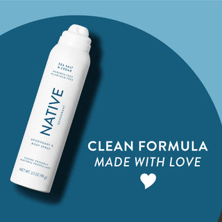 Native deodorant spray with Sea Salt & Cedar label and overlay promoting clean formula