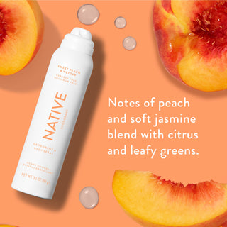 Native deodorant spray with text saying "Notes of peach and soft jasmine blend with citrus and leafy greens", styled with peach pieces