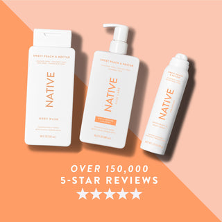 Native body wash, shampoo, and deodorant spray in Sweet Peach & Nectar scent shown with five-star rating