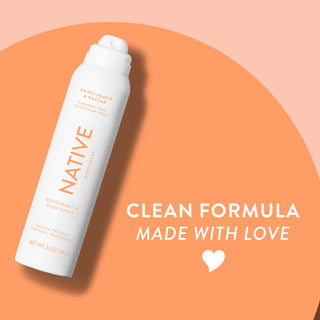 Native deodorant spray with Sweet Peach & Nectar label and overlay promoting clean formula