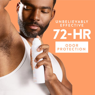 Person applying Native deodorant spray under arm with text reading 72-hour odor protection