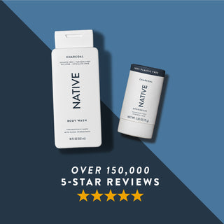 Native body wash, and deodorant in Charcoal scent shown with five-star rating