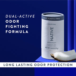 Native Charcoal Deodorant sitting on counter with text promoting "Dual-active, odor fighting formula"