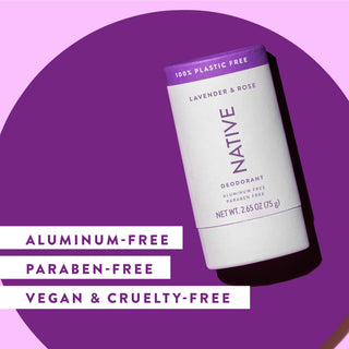 Inside of Native Lavender & Rose deodorant laid flat on purple background with text "Aluminum-free, paraben-free, vegan & cruelty-free"
