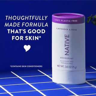 Upright Native deodorant with Lavender & Rose label and overlay promoting skin-friendly formula
