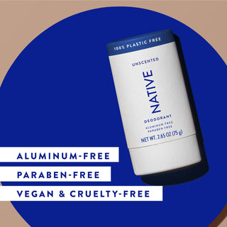 Native deodorant with text saying "Aluminum-free, paraben-free, vegan & cruelty-free"