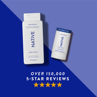 Native body wash, and unscented plastic-free deodorant  shown with five-star rating