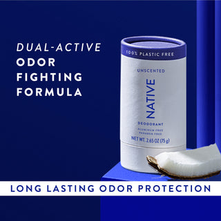 Native Unscented Deodorant sitting on counter with text promoting "Dual-active, odor fighting formula"