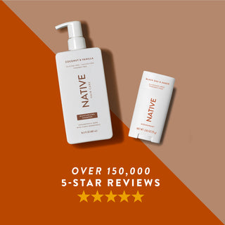 Native deodorant, lotion, body wash, and shampoo in Black Oak & Amber scent shown with five-star rating