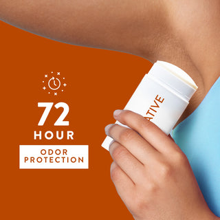 Person applying Native deodorant under arm with text reading 72-hour odor protection