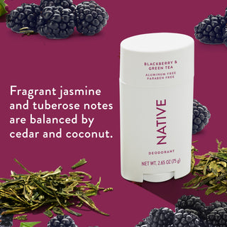 Native deodorant with text saying "Fragrant jasmine and tuberose notes are balanced by cedar and coconut", styled with blackberries and green tea leaves