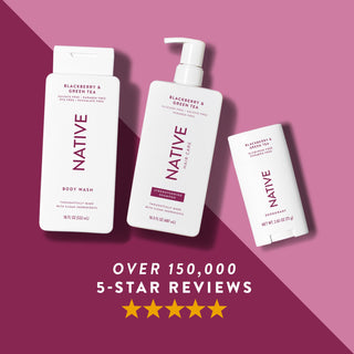 Native deodorant, body wash, and shampoo in Blackberry & Green Tea scent shown with five-star rating
