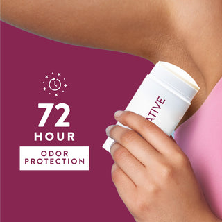 Person applying Native deodorant under arm with text reading 72-hour odor protection