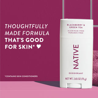 Upright Native deodorant with Blackberry & Green Tea label and overlay promoting skin-friendly formula