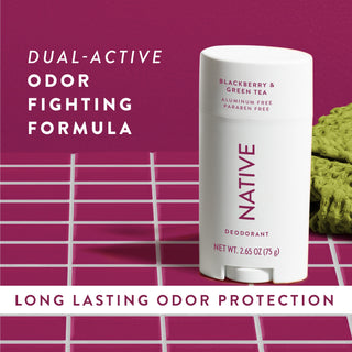 Native Blackberry & Green Tea Deodorant sitting on counter with text promoting "Dual-active, odor fighting formula"