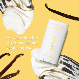 Native deodorant with text saying "A sweet blend of sugar, citrus, and vanilla notes", styled with vanilla ice cream and vanilla sticks