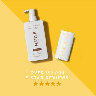 Native deodorant and shampoo in Buttercream & French Vanilla scent shown with five-star rating