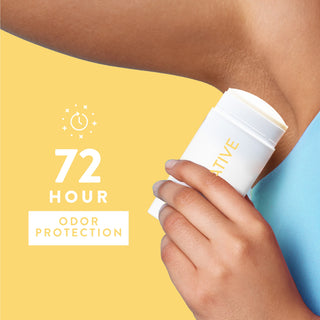 Person applying Native deodorant under arm with text reading 72-hour odor protection