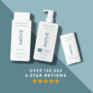 Native deodorant, body wash, and shampoo in Cashmere & Rain scent shown with five-star rating