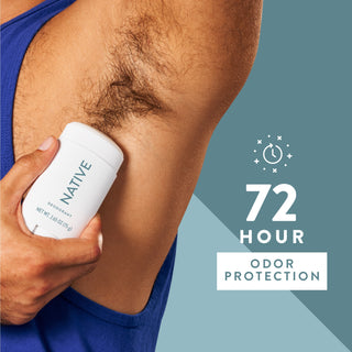 Person applying Native deodorant under arm with text reading 72-hour odor protection