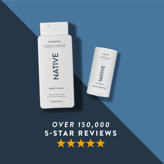 Native deodorant, and body wash in Charcoal scent shown with five-star rating