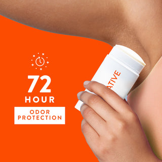 Person applying Native deodorant under arm with text reading 72-hour odor protection