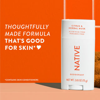 Upright Native deodorant with Citrus & Herbal Musk label and overlay promoting skin-friendly formula