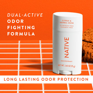 Native Citrus & Herbal Musk Deodorant sitting on counter with text promoting "Dual-active, odor fighting formula"