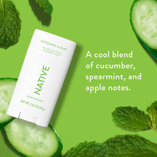 Native deodorant with text saying "A cool blend of cucumber, spearmint, and apple notes", styled with cucumbers slices and leaves