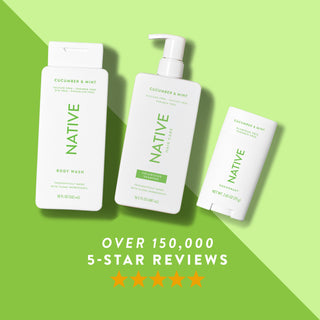 Native body wash, shampoo, and deodorant in Cucumber & Mint scent shown with five-star rating