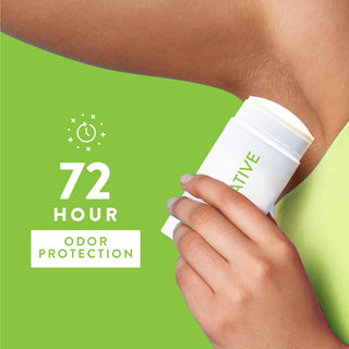 Person applying Native deodorant under arm with text reading 72-hour odor protection