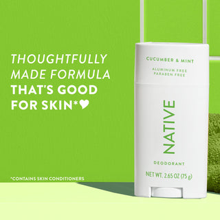 Upright Native deodorant with Cucumber & Mint label and overlay promoting skin-friendly formula