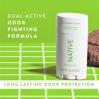 Native Cucumber & Mint Deodorant sitting on counter with text promoting "Dual-active, odor fighting formula"