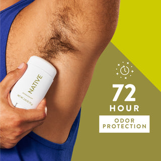 Person applying Native deodorant under arm with text reading 72-hour odor protection