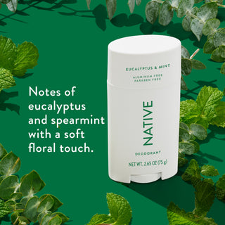 Native deodorant with text saying "Notes of eucalyptus and spearmint with a soft floral touch", styled with eucalyptus leaves
