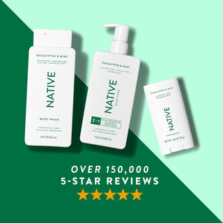 Native  body wash, shampoo, and deodorant in Eucalyptus & Mint scent shown with five-star rating