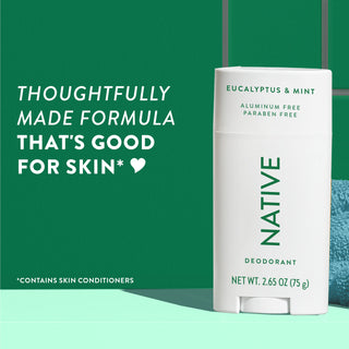 Upright Native deodorant with Eucalyptus & Mint label and overlay promoting skin-friendly formula