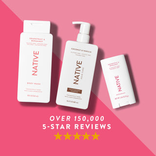 Native body wash, shampoo, and deodorant in Grapefruit & Bergamot scent shown with five-star rating