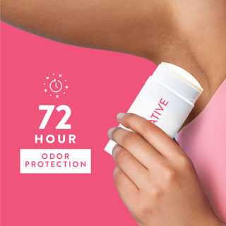Person applying Native deodorant under arm with text reading 72-hour odor protection
