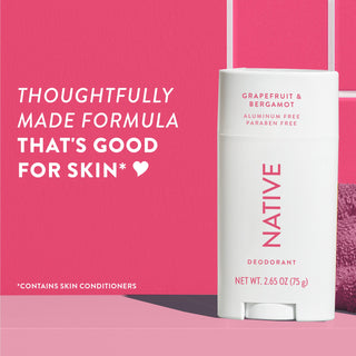 Upright Native deodorant with Grapefruit & Bergamot label and overlay promoting skin-friendly formula
