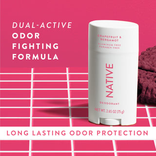 Native Grapefruit & Bergamot Deodorant sitting on counter with text promoting "Dual-active, odor fighting formula"