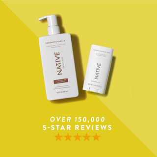 Native shampoo, and deodorant in Honey & White Oak scent shown with five-star rating