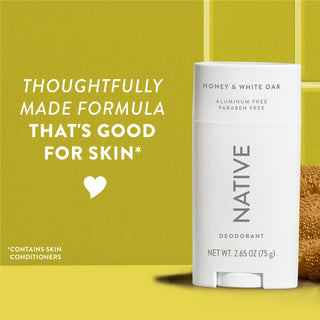 Upright Native deodorant with Honey & White Oak label and overlay promoting skin-friendly formula